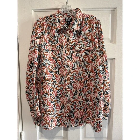 Lands' End Women's M 10-12 Linen A-Line Long Sleeve Tunic Top Ivory Multi Leaves - Picture 4 of 16